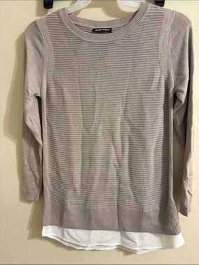 Hilary Radley Taupe Ribbed Crewneck Sweater with White Layered Hem